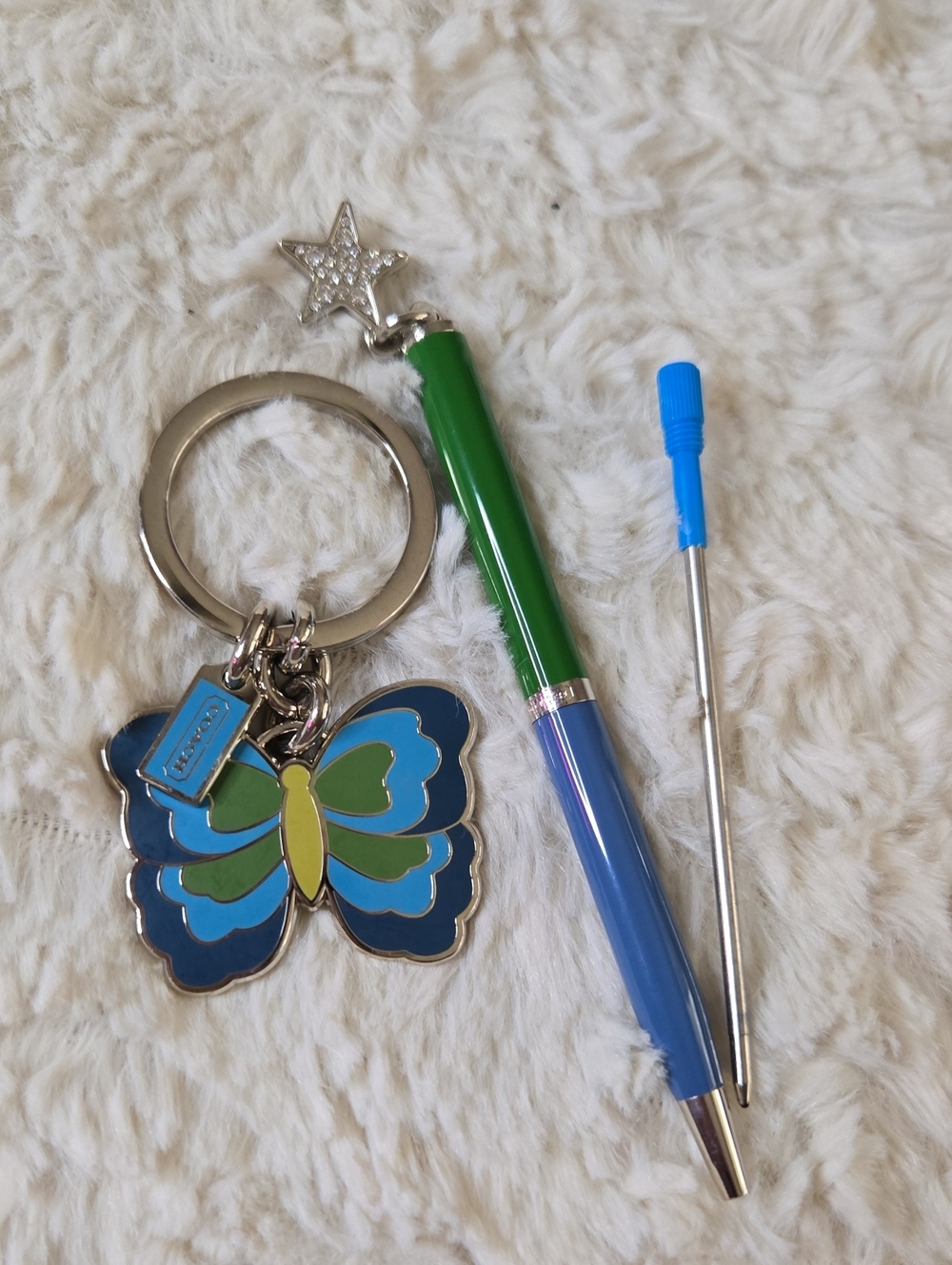Coach Blue & Green Butterfly Keychain And Matching Coach Pen With Refill